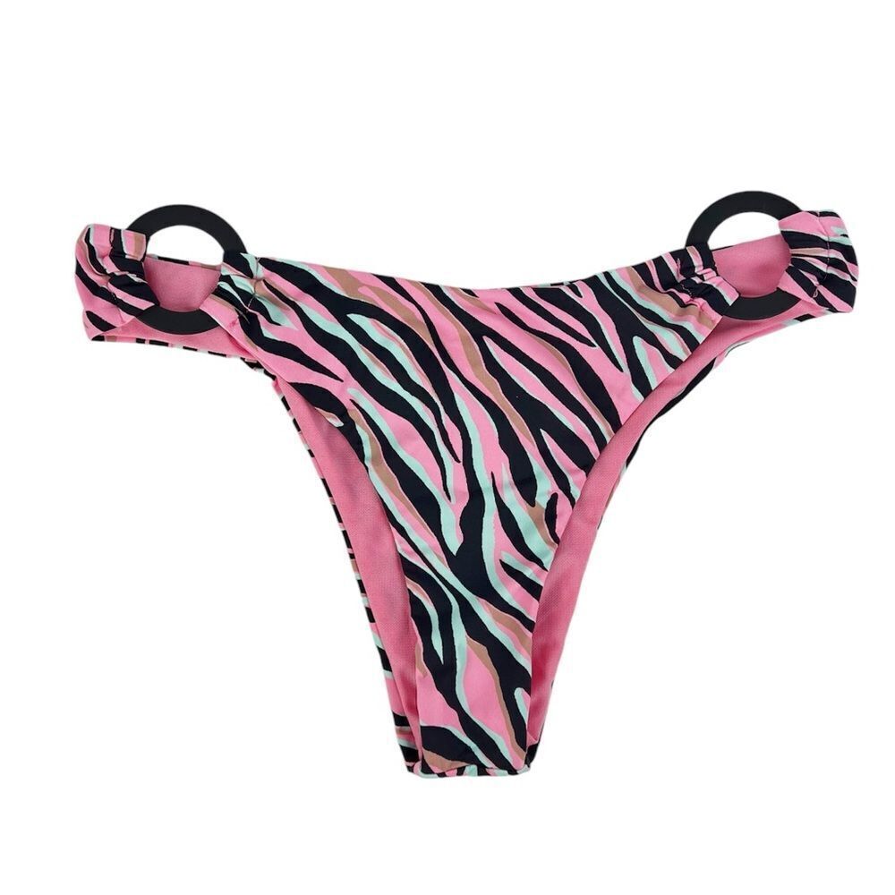 The Bikini Lab Pink Zebra Multi Scoop Cheeky Bikini Bottoms Ring Detail Small - Picture 3 of 7